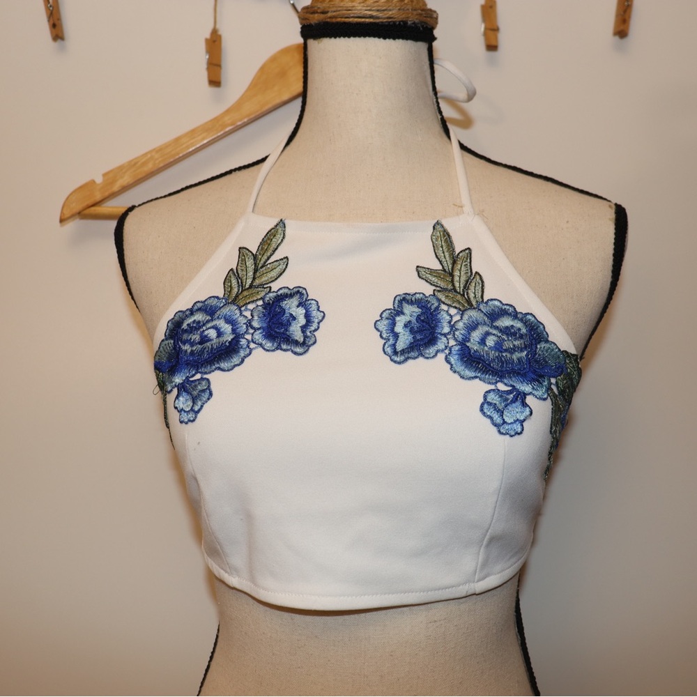 AKIRA Blush blue embroidered halter crop